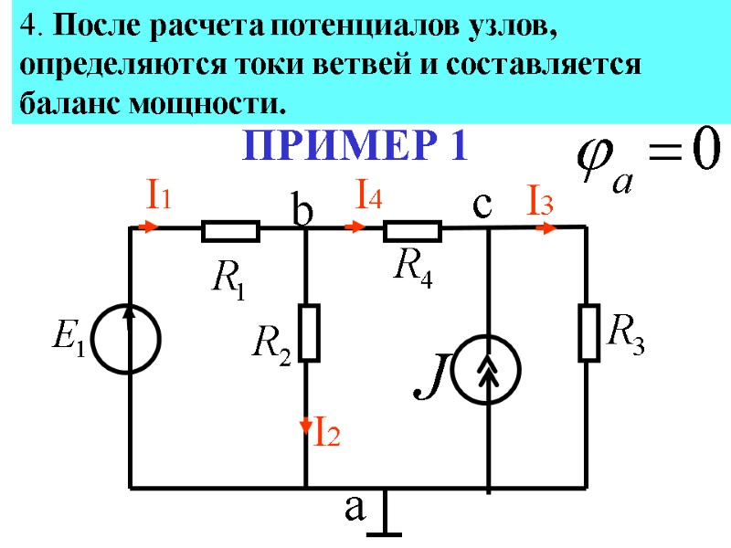 4. После расчета потенциалов узлов, определяются токи ветвей и составляется баланс мощности. ПРИМЕР 1